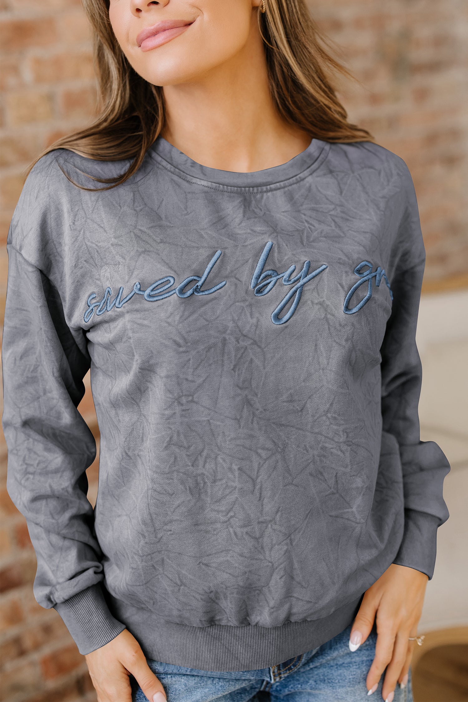 'Saved By Grace' Embroidered Mineral Wash Sweatshirt