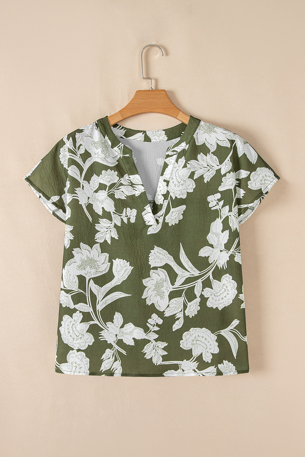 Green Floral Print Split Neck Short Sleeve Blouse eAura