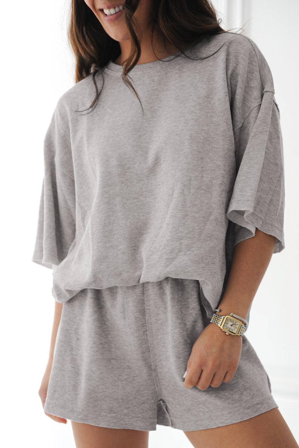 Grey Solid Colour Loose Tee 2 Piece Shorts Set eAura