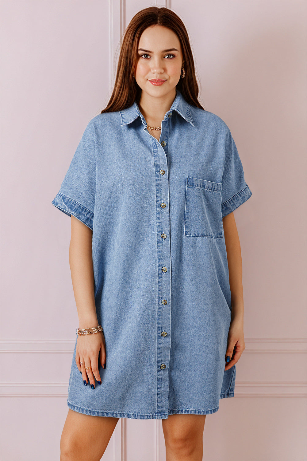 Dusk Blue Short Sleeve Pocketed Button up Denim Tunic Dress BB Fashion Outlet