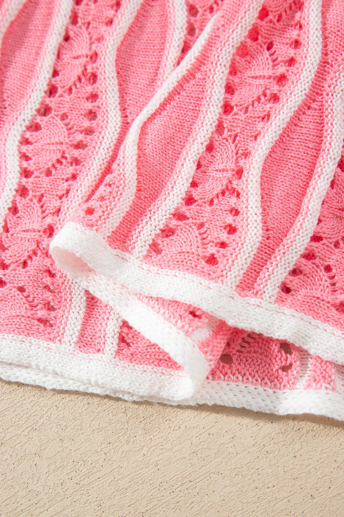 Wavy Detail Hollow Out Knit Long Sleeve Cotton Pullover Sweater – Pink