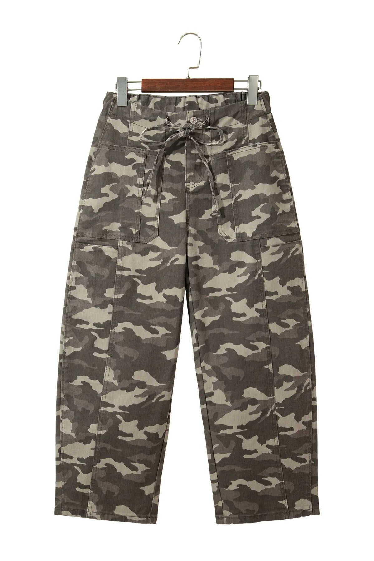 Leopard Printed Drawstring Elastic Waistband Pocketed Barrel Jeans – Green