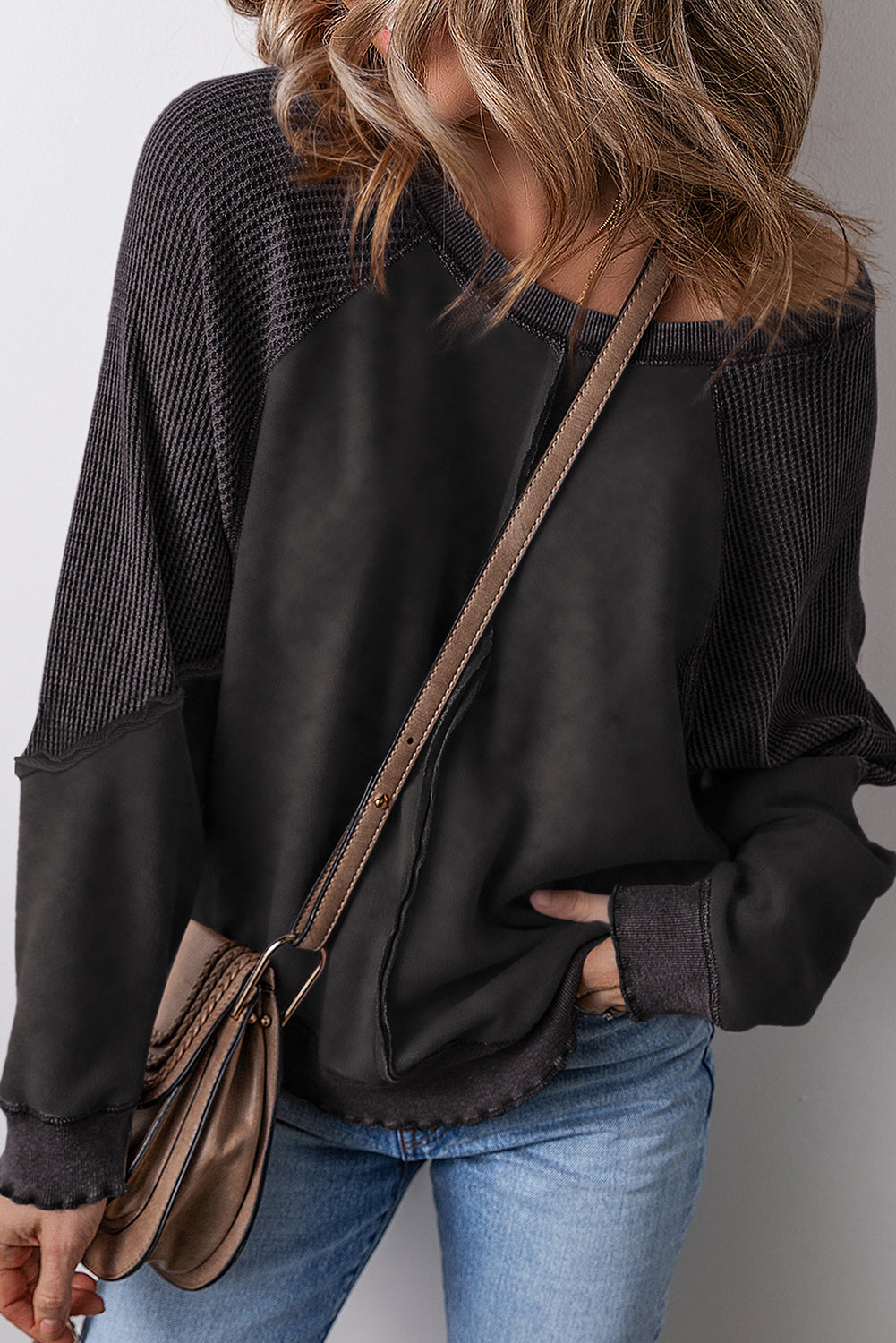 Black Solid Waffle Knit Patchwork Raglan Sleeve Sweatshirt Dear-Lover Dropshipping
