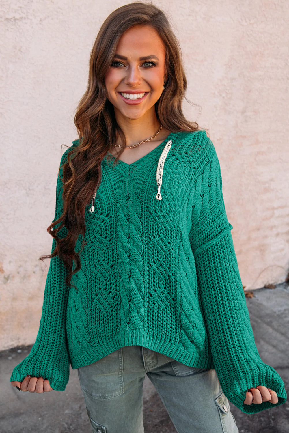Sea Green Cable Knit V Neck Contrast Drawstring Hooded Sweater eAura