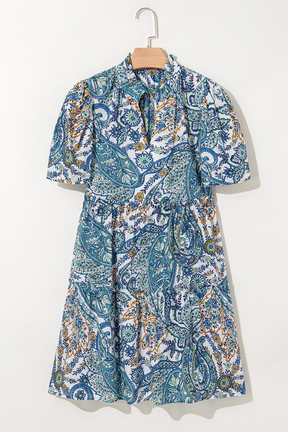 Blue Bohemian Paisley Floral V Neck Short Sleeve Mini Dress eAura
