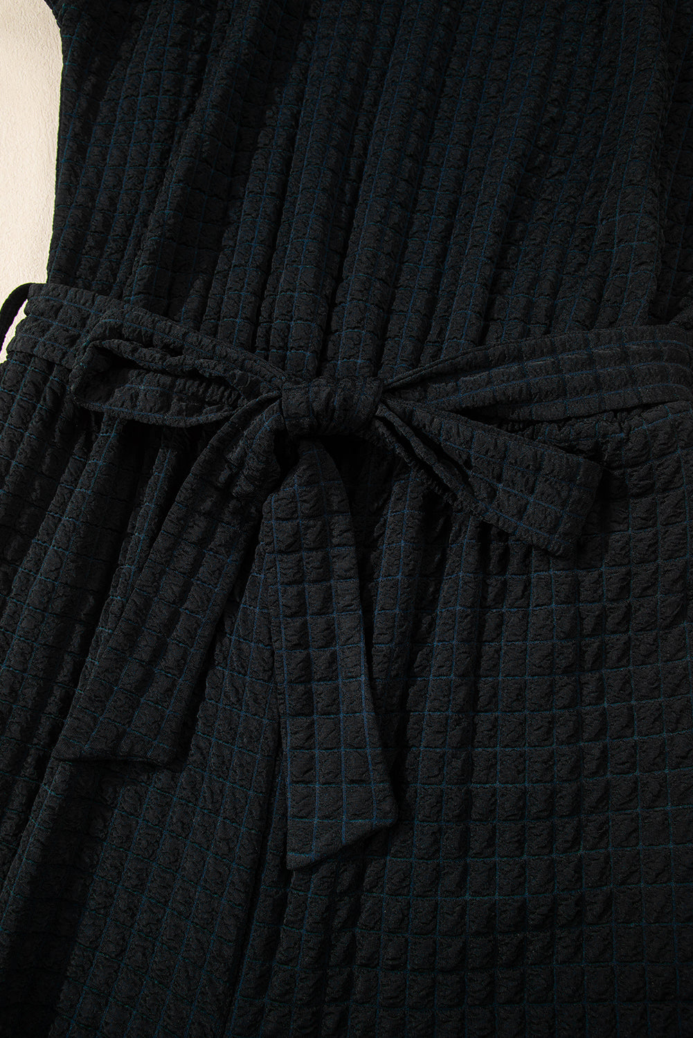 Black Checkered Mesh One Shoulder Short Sleeve Knotted Waist Jumpsuit eAura