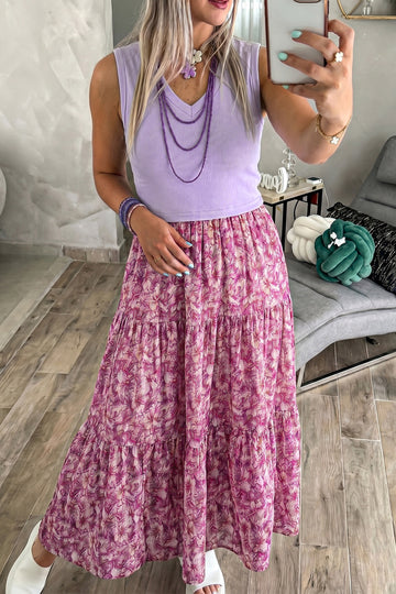 Ribbed V Neck Tank Floral Contrast Patchwork Long Dress – Purple