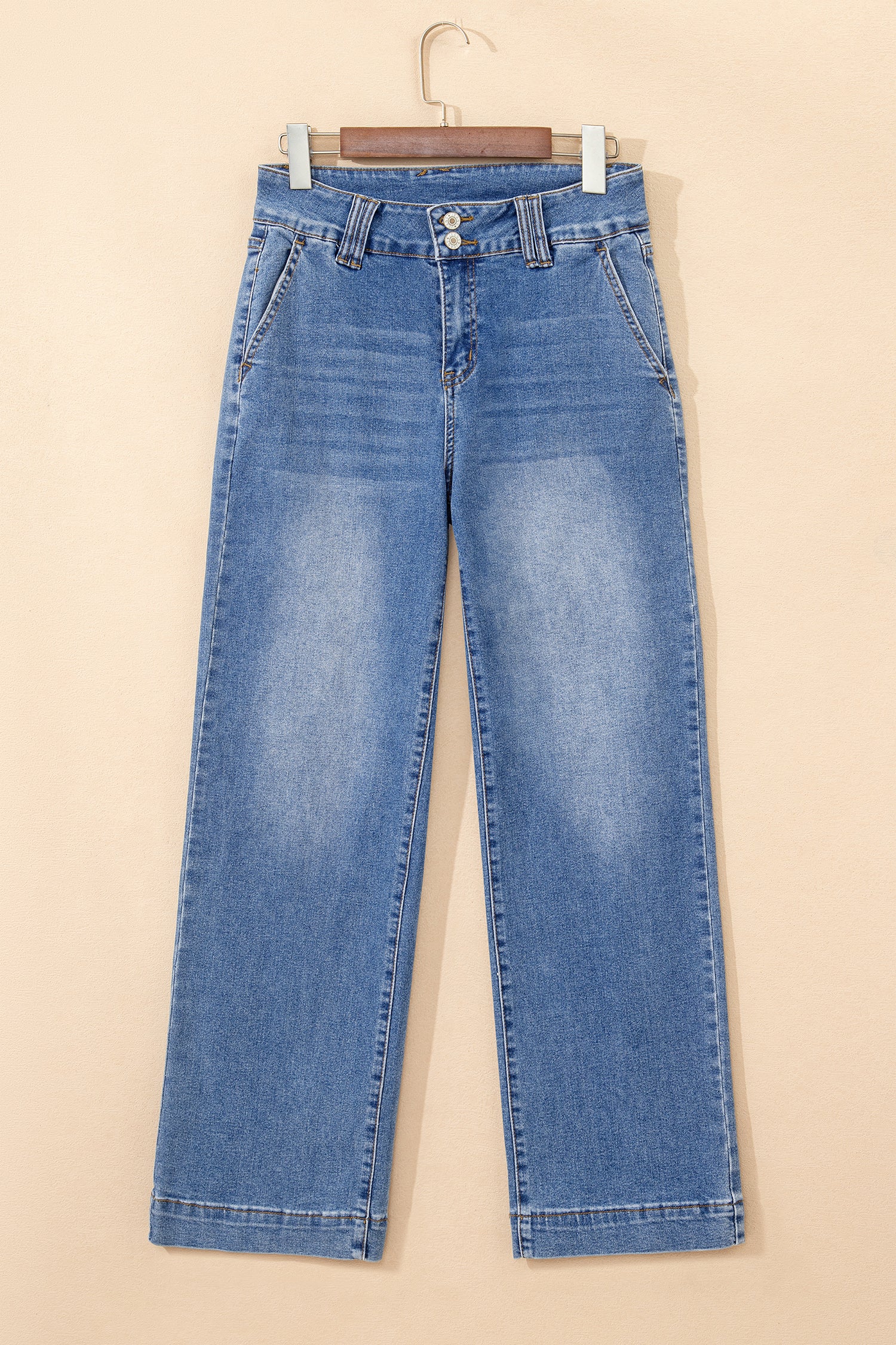 Double Button Zip Fly Straight Leg Jeans - Bottoms/Jeans
