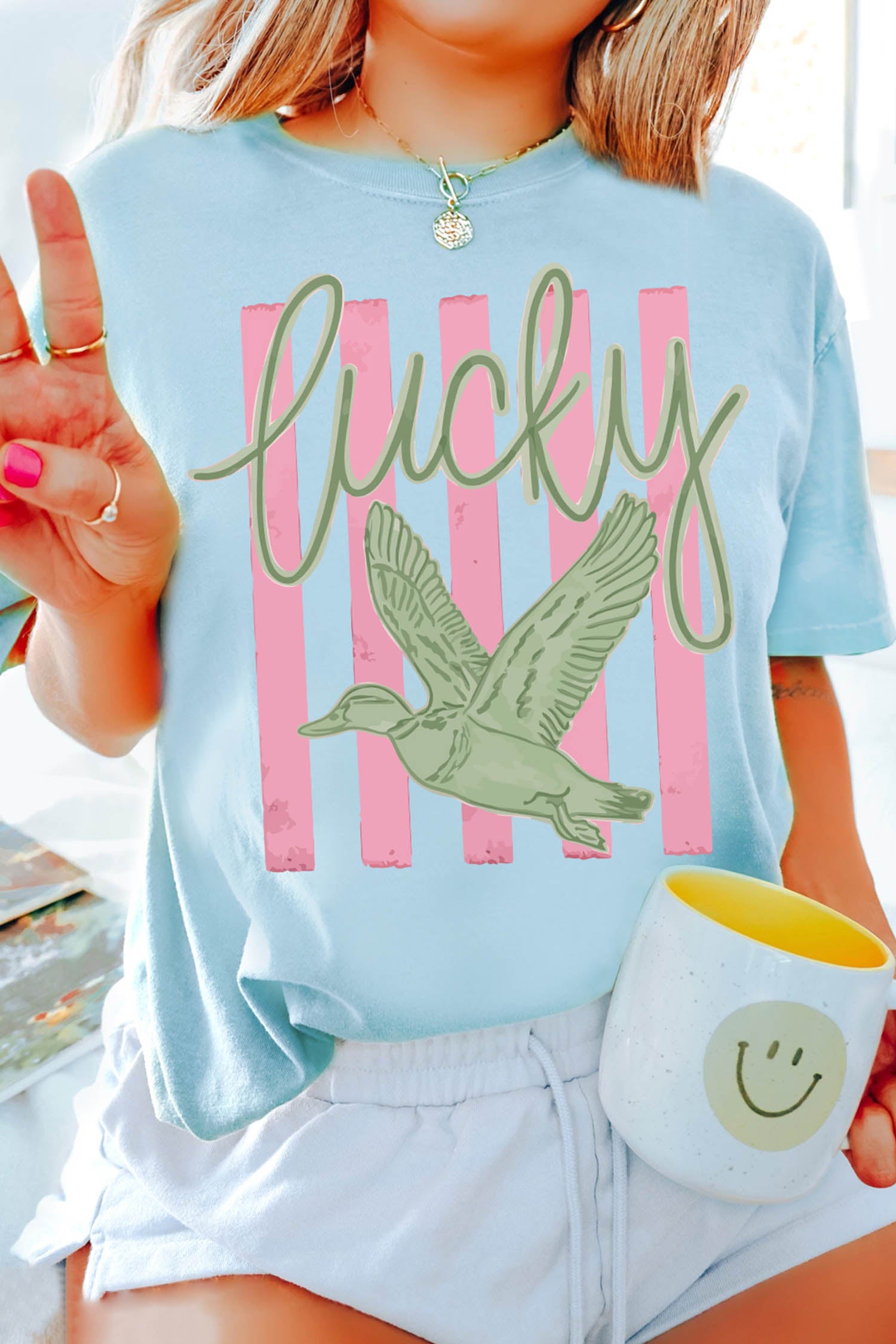 Lucky Duck Print Casual Round Neck T Shirt – Light Blue