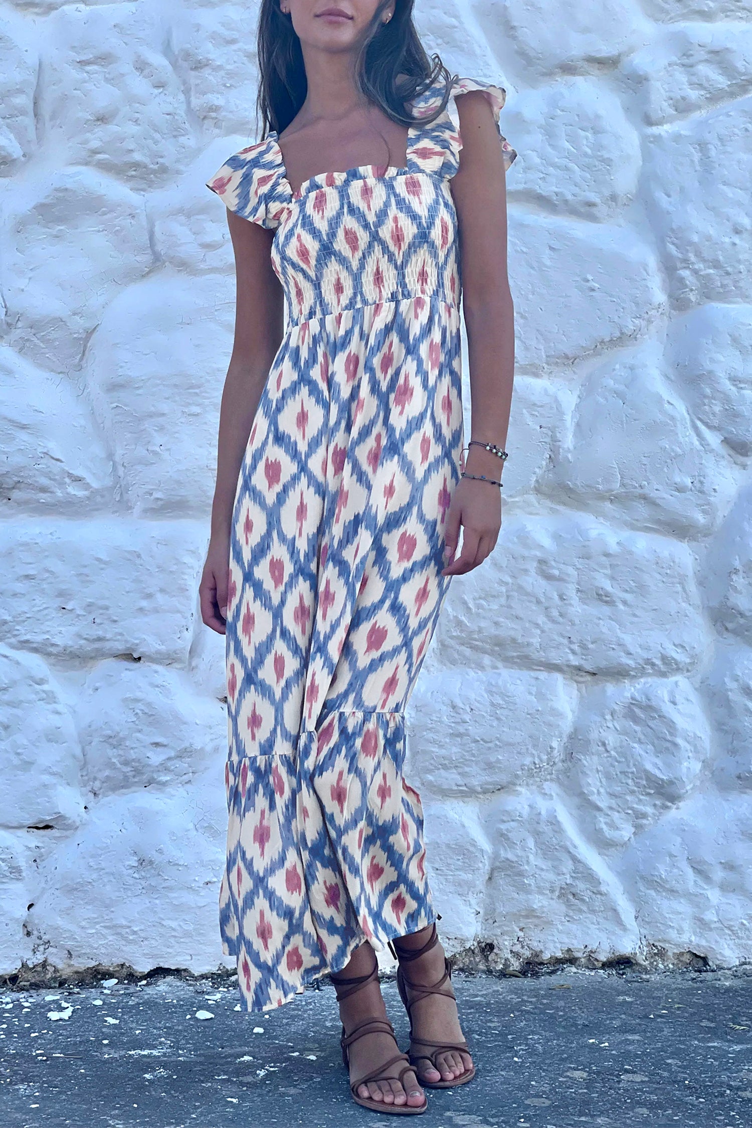 Geometric Print Square Neck Smocked High Waist Ruffle Sleeve Dress