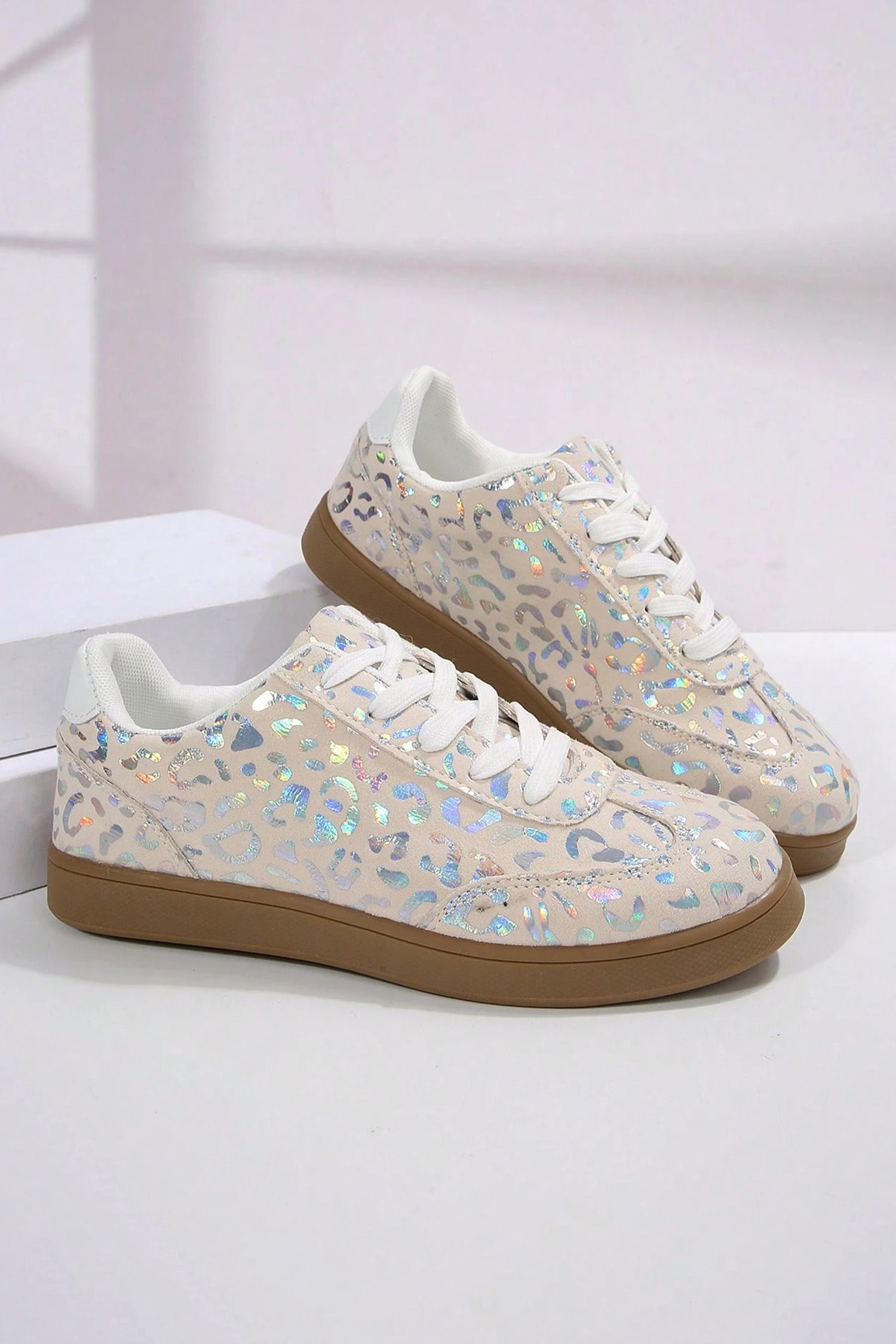Leopard Print Lace-Up Trainers – White