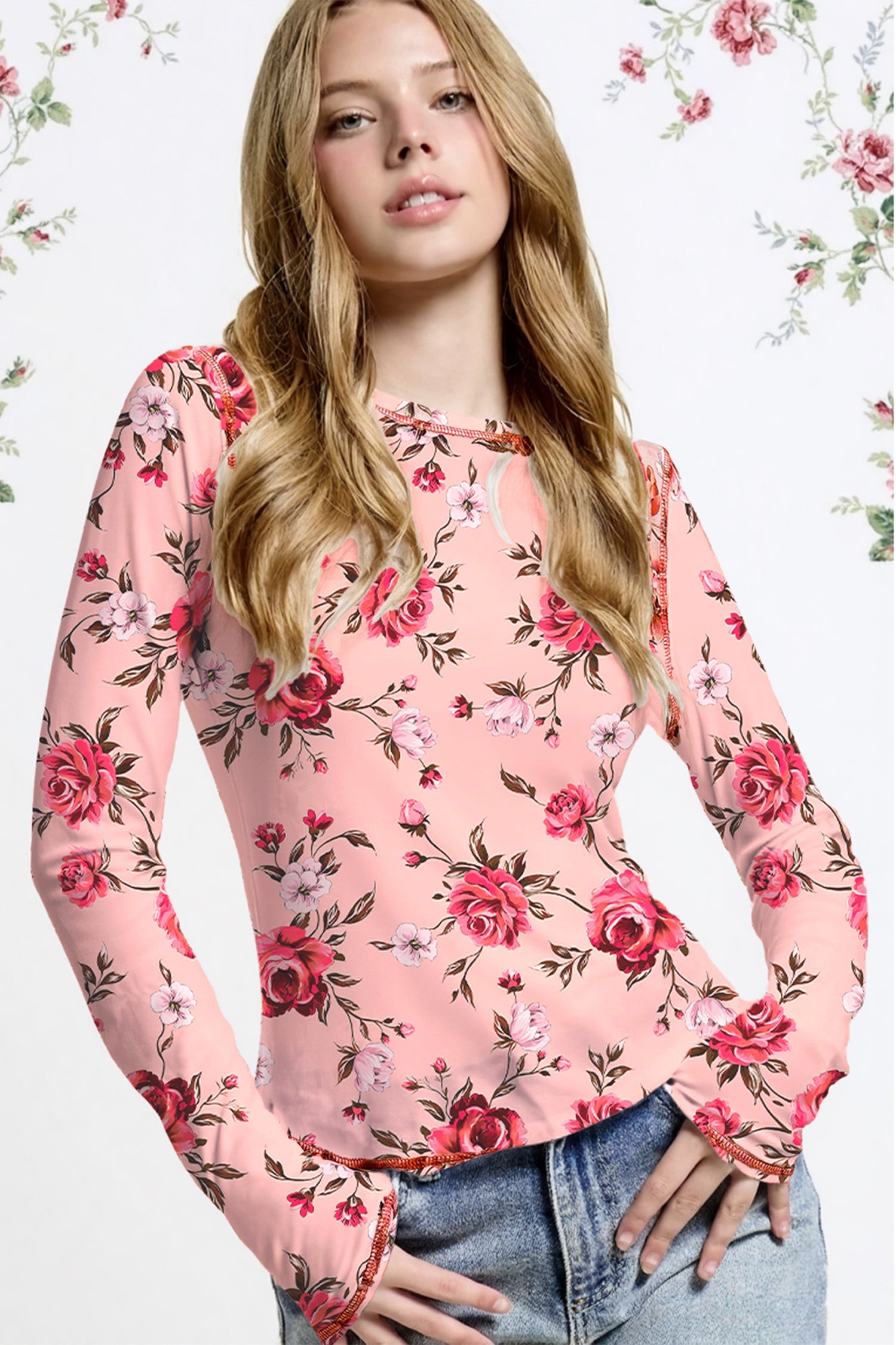 Floral Print Exposed Seam Detail Mesh Long Sleeve Top - eAura