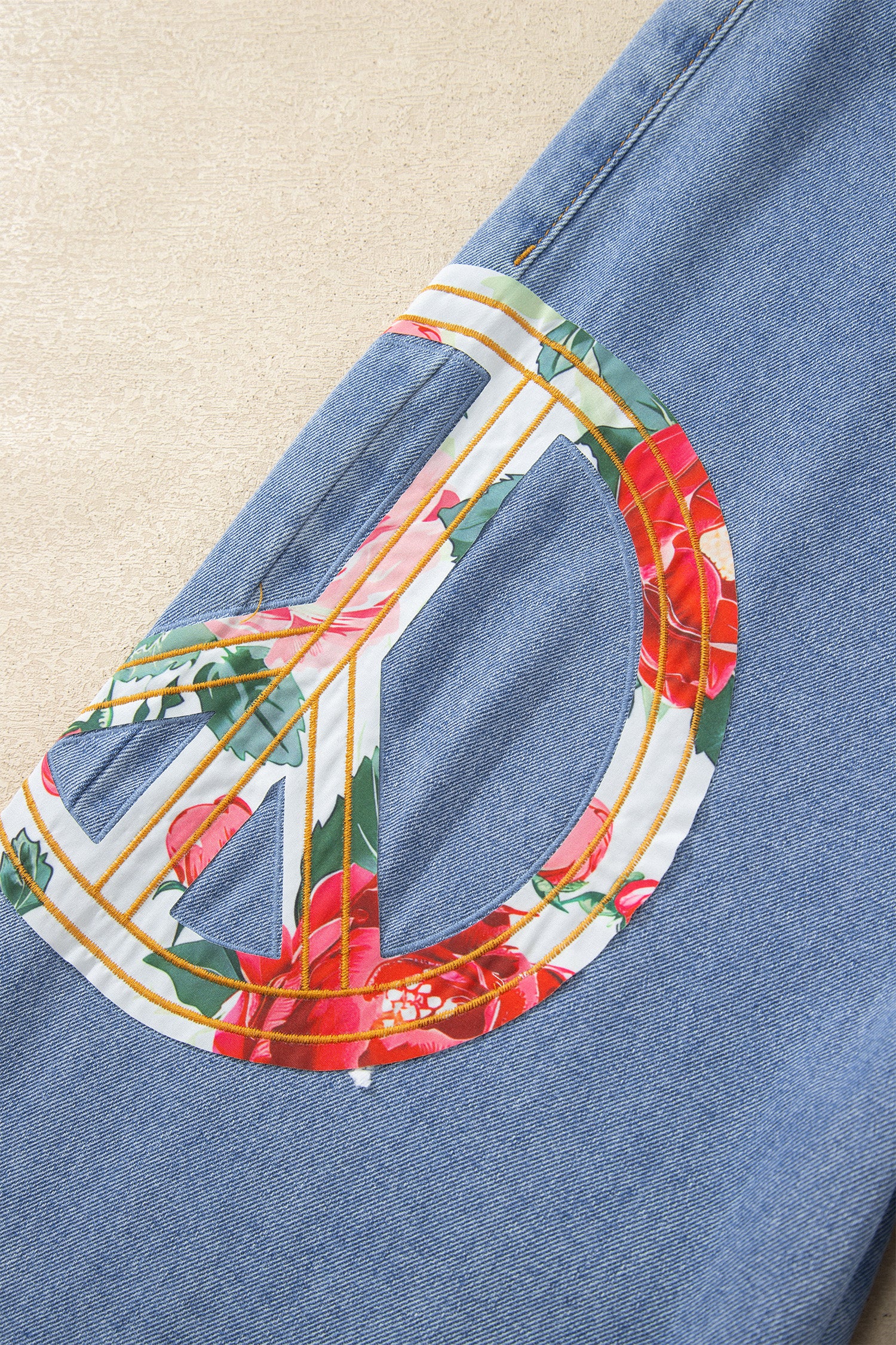 Floral Peace Sign Embroidered Patch Wide Leg Jeans