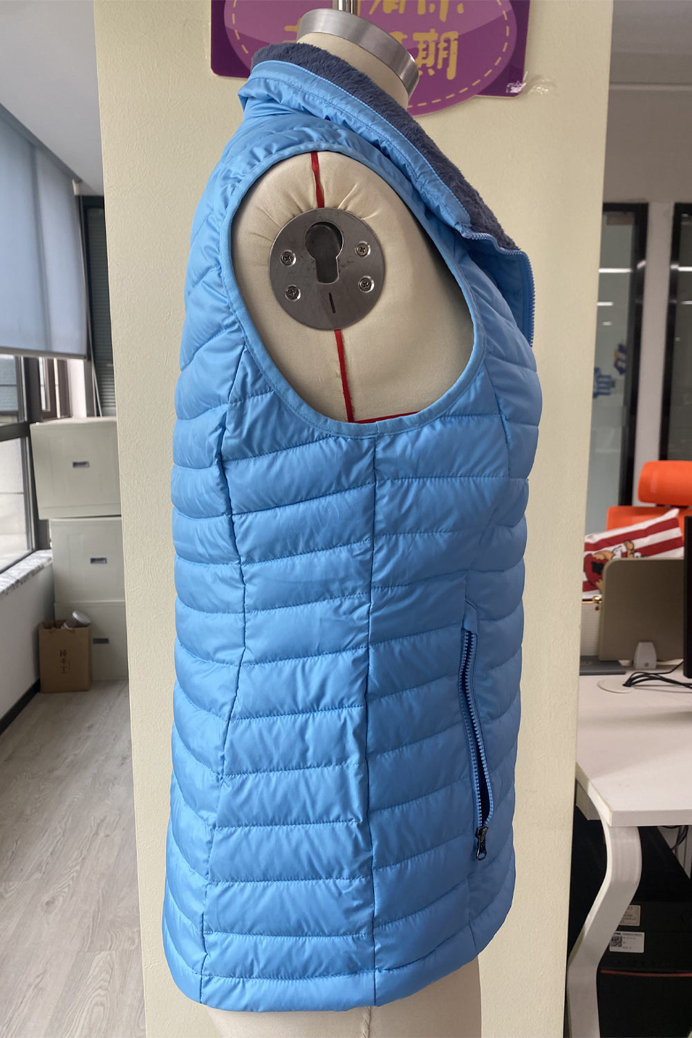 Sky Blue Plush Collared Quilted Zipped Puffer Vest - eAura