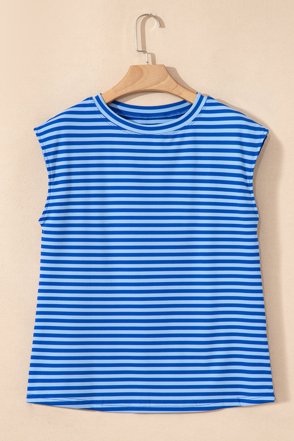 Blue Stripe Ribbed Cap Sleeve Round Neck T-Shirt eAura