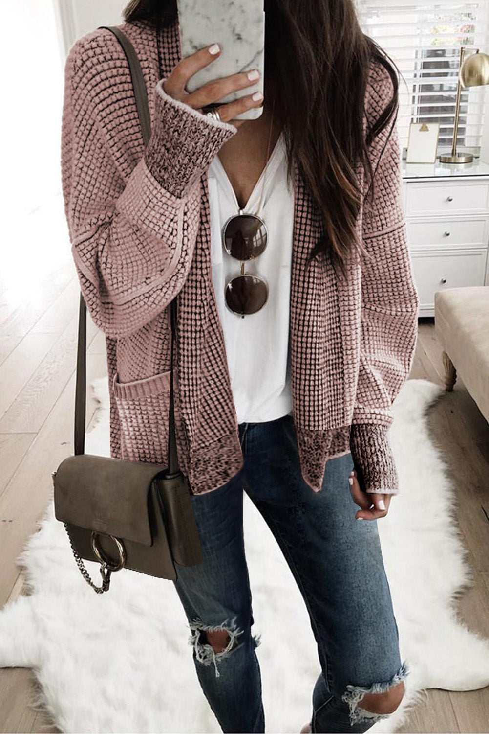 Brown Chunky Waffle Knit Oversized Collar Cardigan eAura