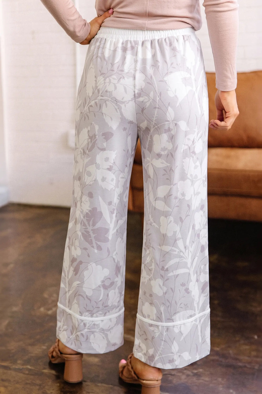 Floral Print Wide Leg Ankle-Length Elastic Waistband Pants – Grey