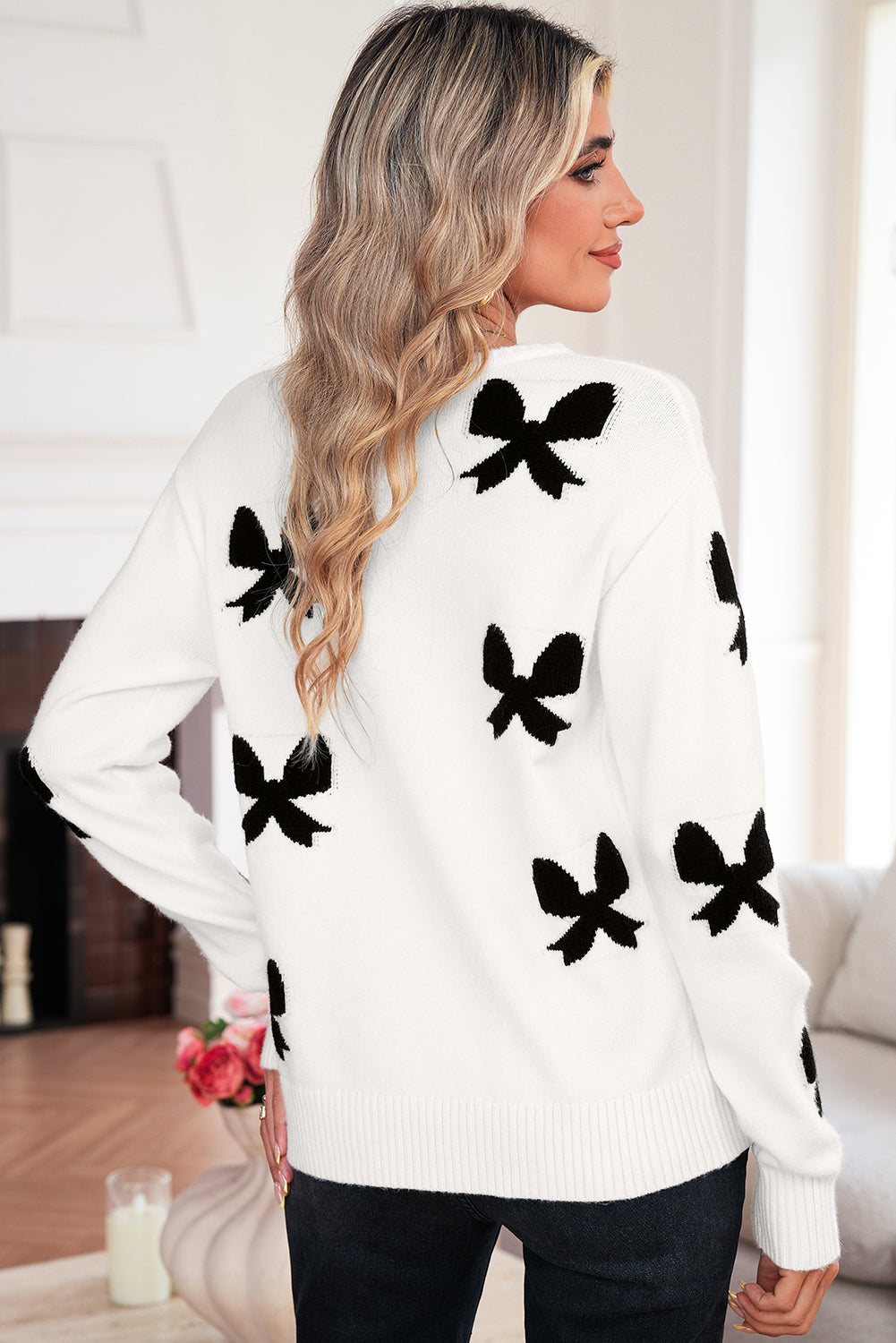 White Lace-Up Front Bow Pattern Round Neck Knit Cardigan - eAura