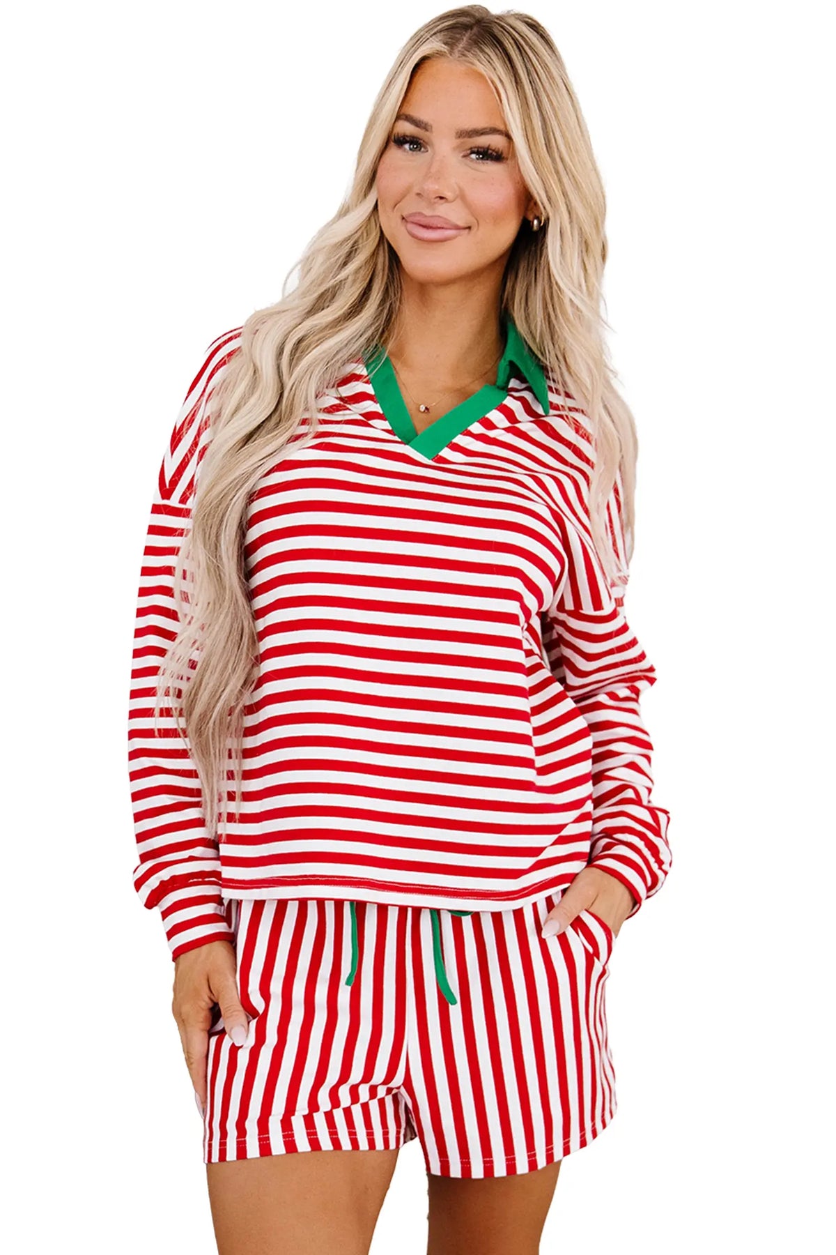 Colourblock Trim Polo Collar Drawstring Elastic Waist Band Casual 2pcs Outfit – Red Stripe
