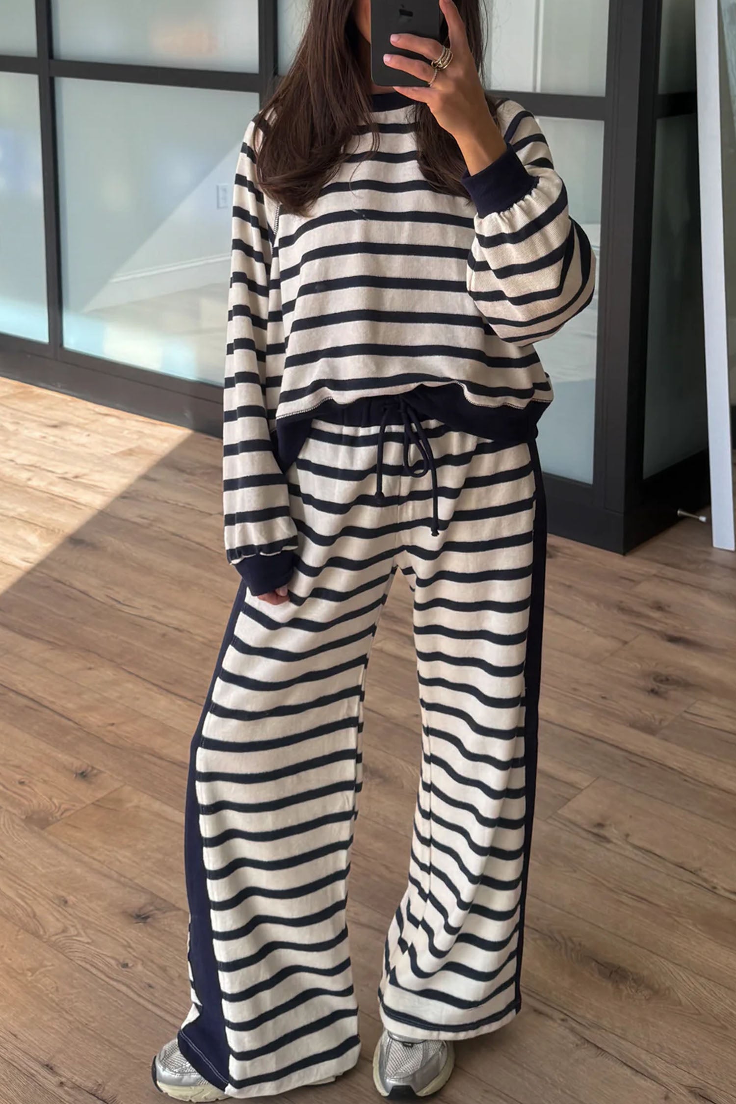 Relaxed Long Sleeve Top Color Block Detail Drawstring Pant Set – Beige Stripe
