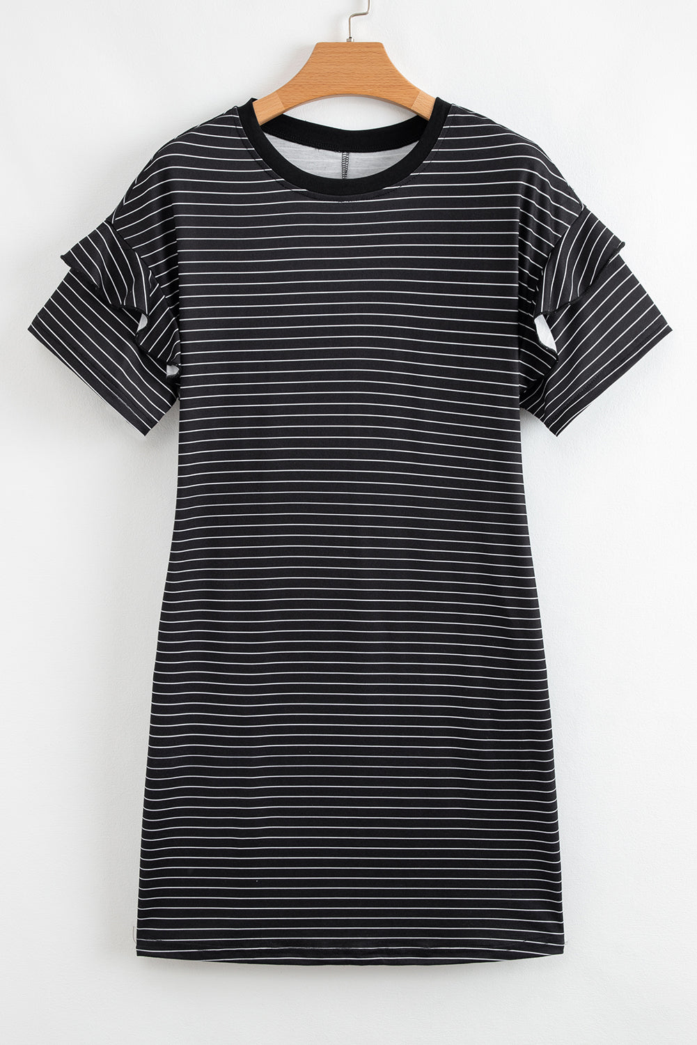 Black Stripe Ruffled Short Sleeve Crew Neck T Shirt Shift Mini Dress eAura