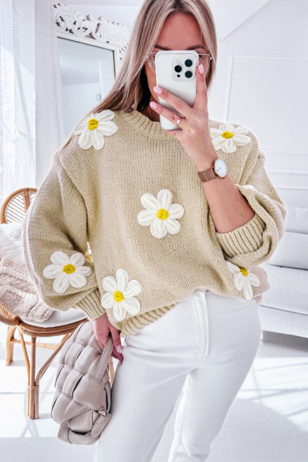 White Floral Crochet Chunky Knit Sweater eAura