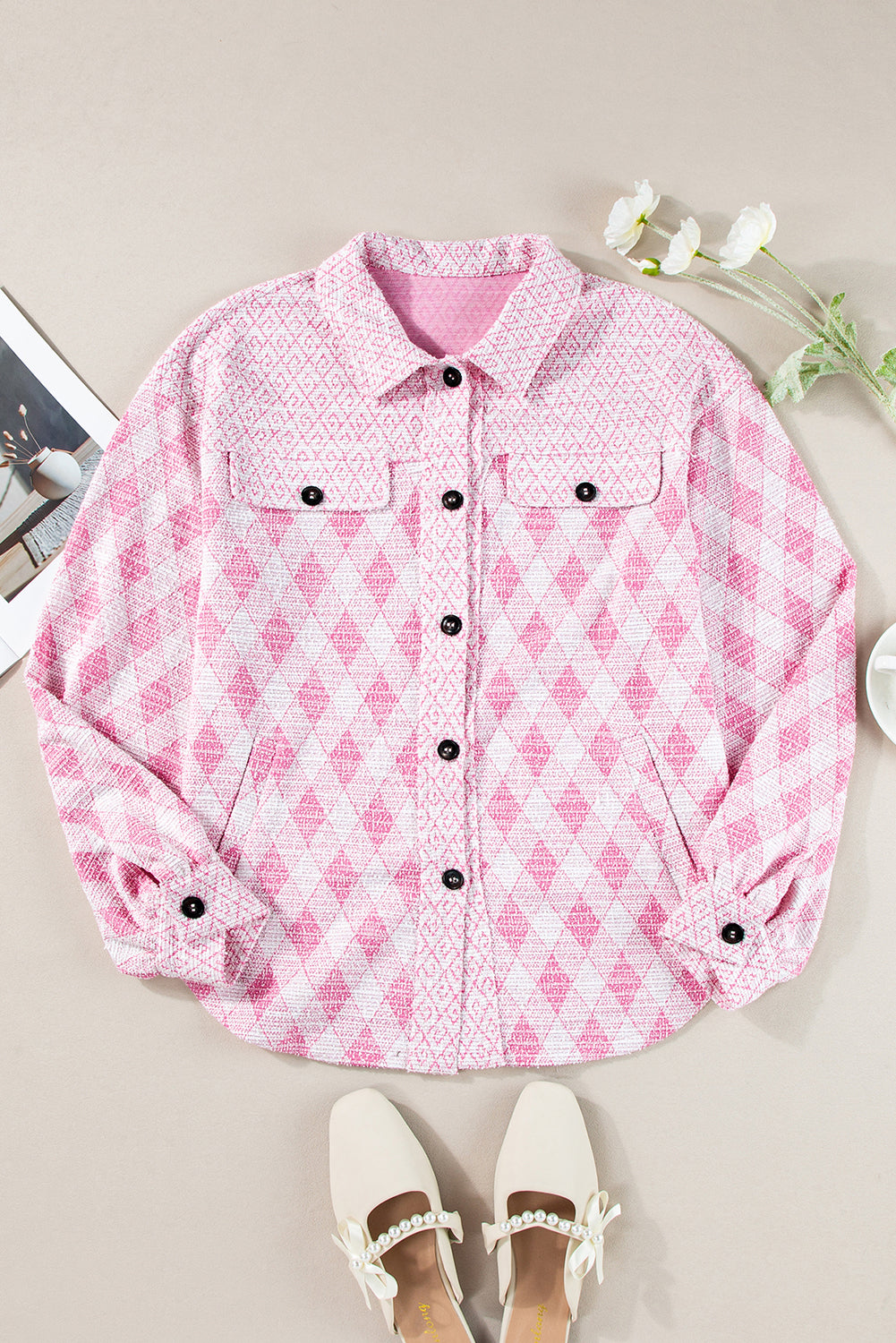 Delicacy Geometric Print Textured Flap Detail Shacket with Pocket Beagle Boutique Fashion Outlet