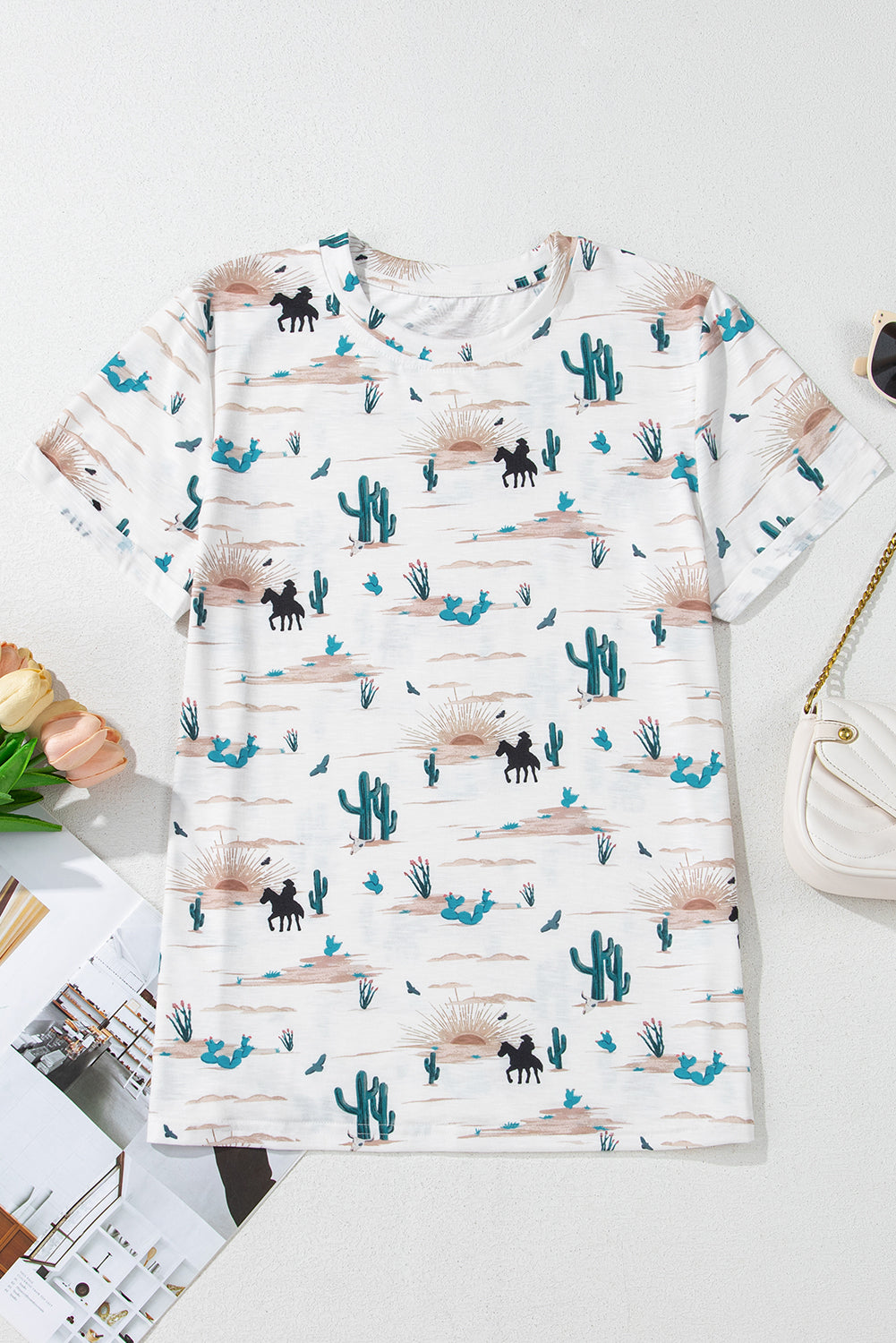 Cactus Print Crew Neck Short Sleeve T-Shirt