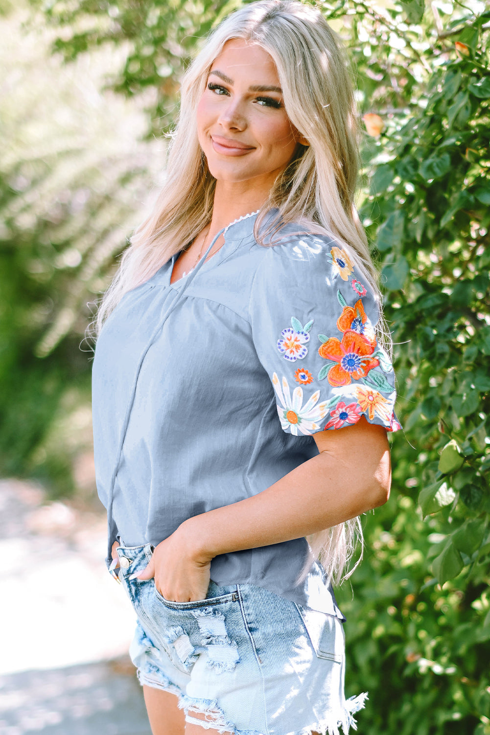 Floral Embroidered Puff Sleeve Split Neck Blouse eAura