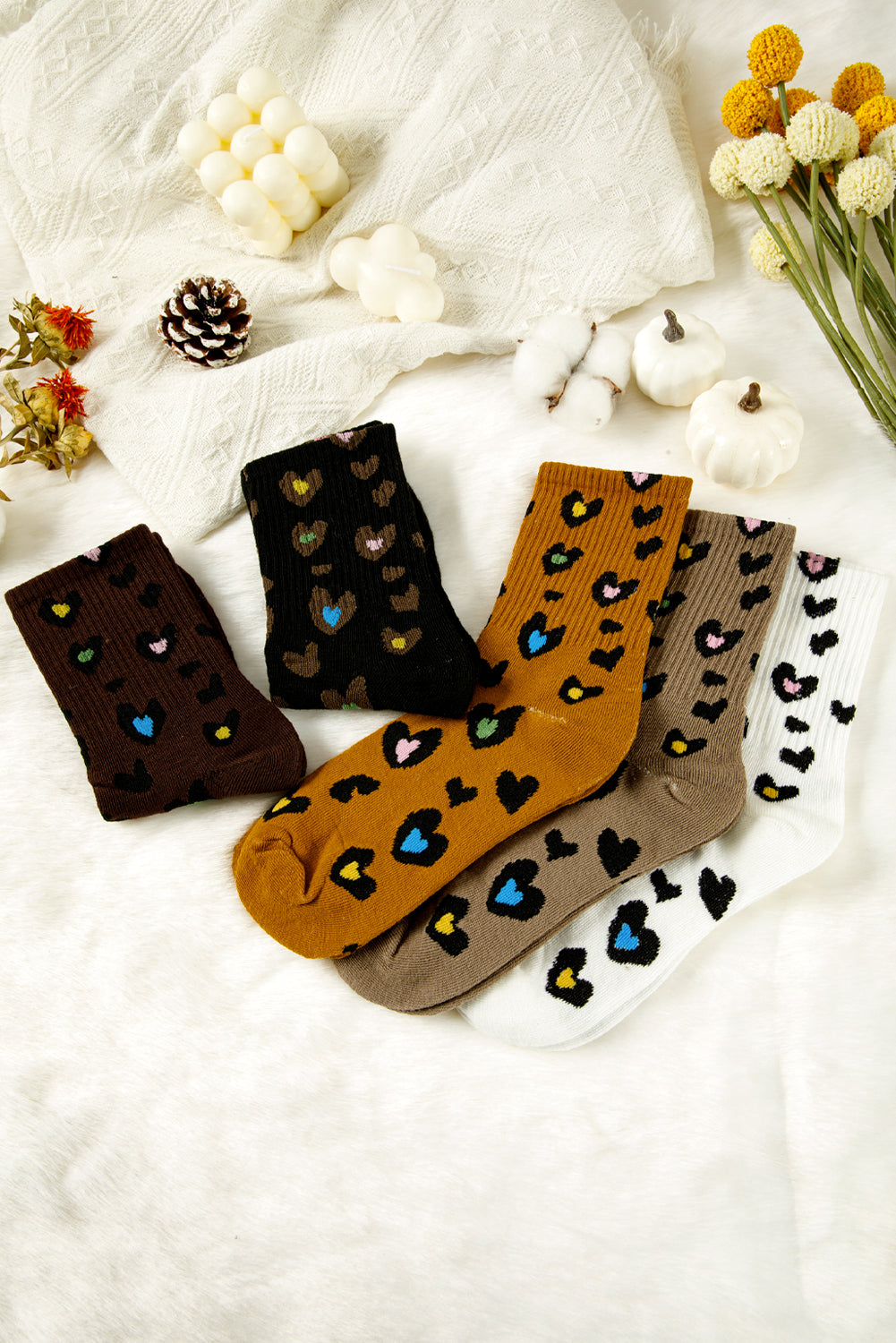 5 Pairs Ribbed Trim Heart Leopard Print Socks