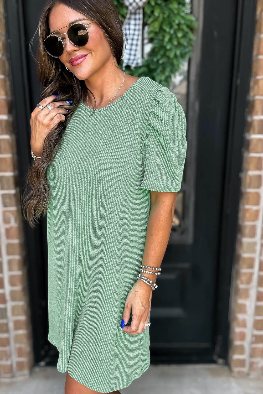 Mint Green Ribbed Knit Crew Neck Puff Sleeve Shift Mini Dress eAura