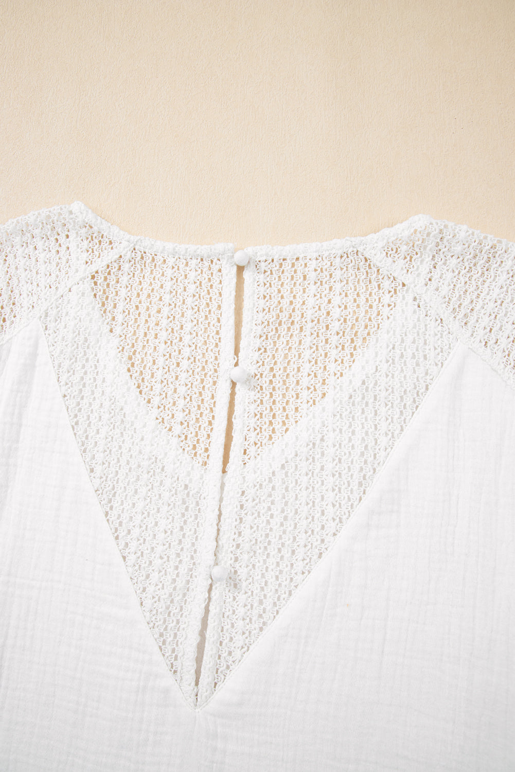 White Lace Crochet Textured Button Back V Neck T Shirt eAura