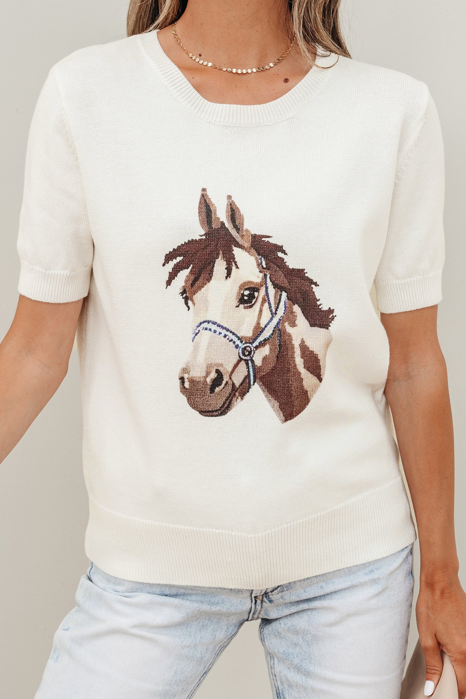 White Wild West Horse Head Print Short Sleeve Sweater