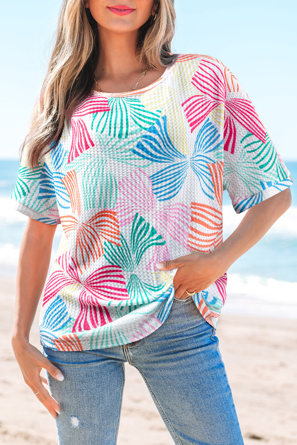 Bowknot Print Waffle Crewneck Loose Short Sleeve Top eAura