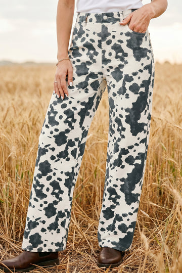 Abstract Print Metal Button Regular Fit Full-Length Jeans – Brown