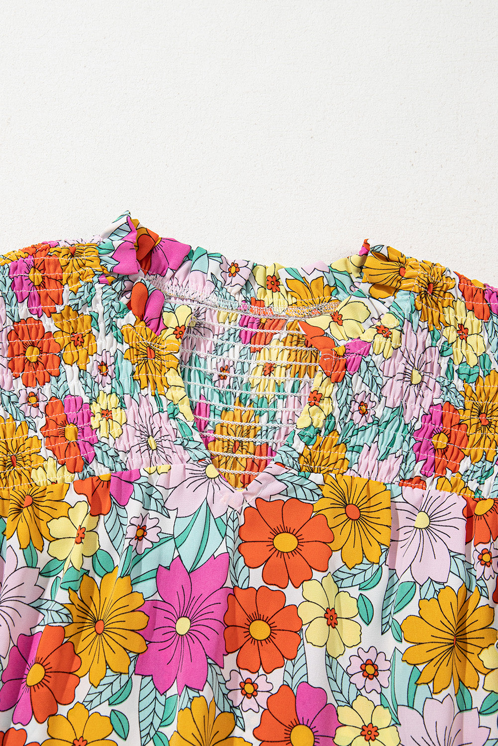 Yellow Floral Print Shirred Tiered Ruffled Sleeve Blouse eAura