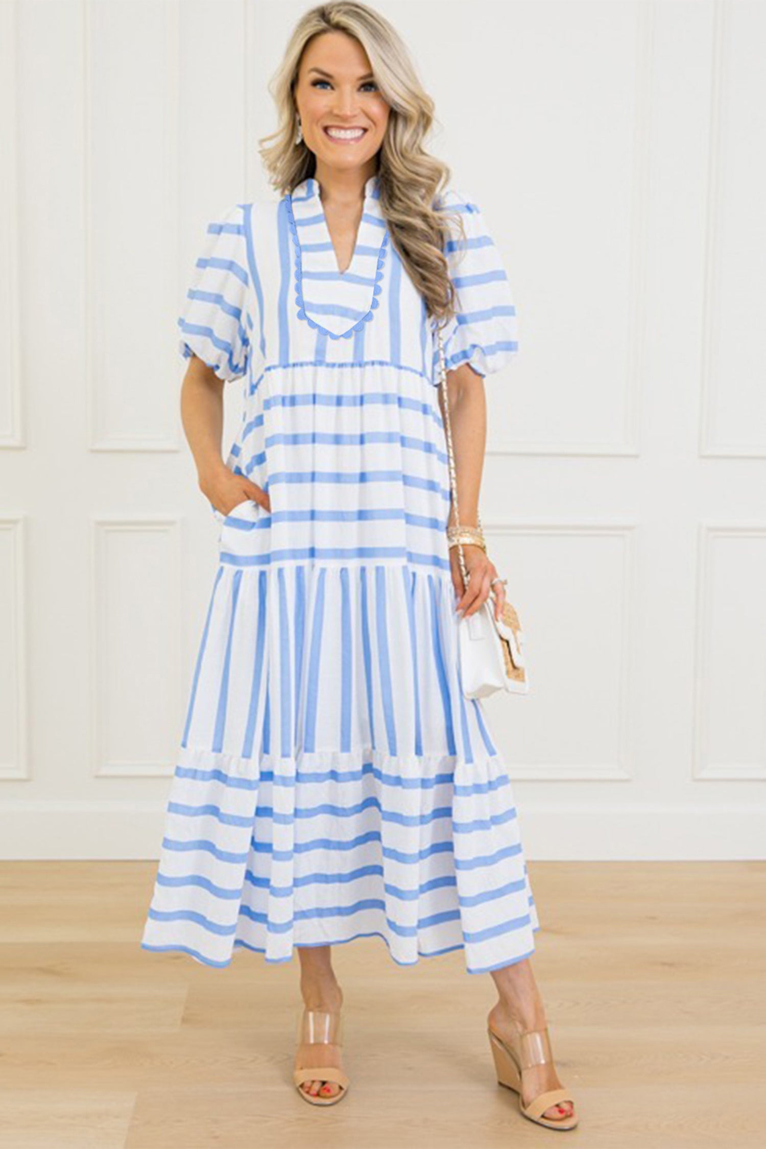 Stripe RicRac Trim Notched Neck Half Sleeve Long Dress