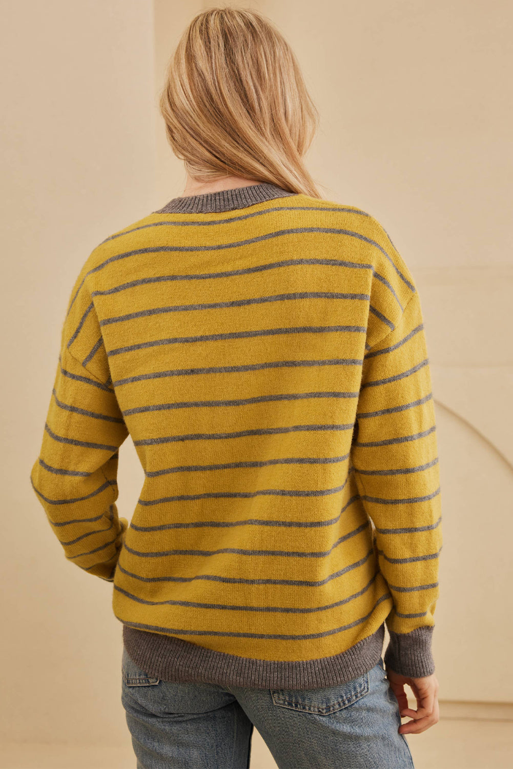 Yellow Stripe Daisy Floral Knitted Round Neck Sweater eAura