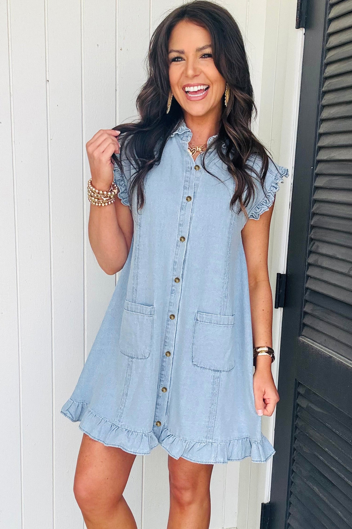 Blue Ruffled Edge Collared Shift Denim Dress with Pockets