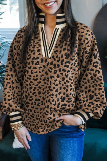 Leopard Print Striped Trim Collar Long Sleeve Shift Pullover – Brown