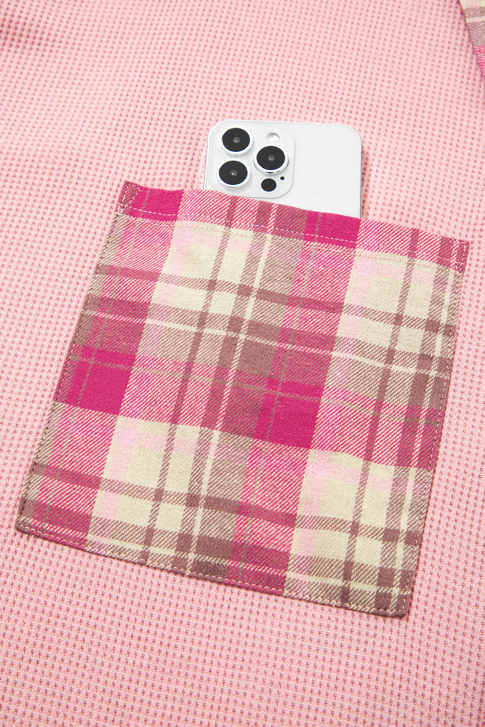 Pink Waffle Patch Pocket Plaid Patchwork Plus Size Shirt - eAura