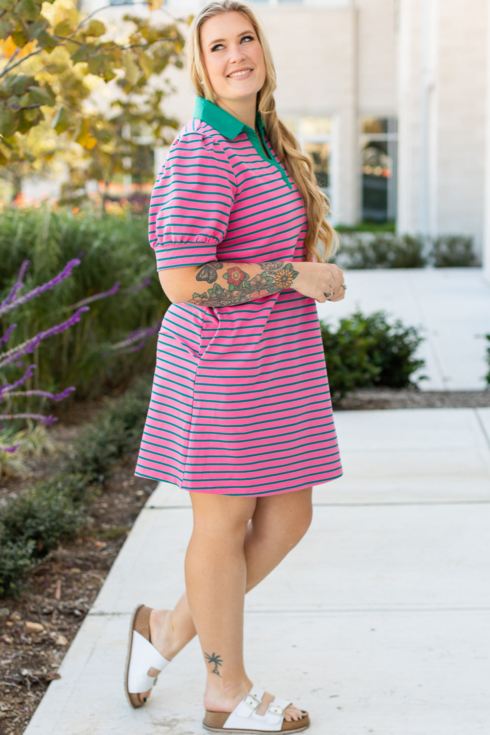 Rose Stripe Collared V Neck Puff Sleeve Shift T Shirt Dress with Pockets BB Fashion Outlet