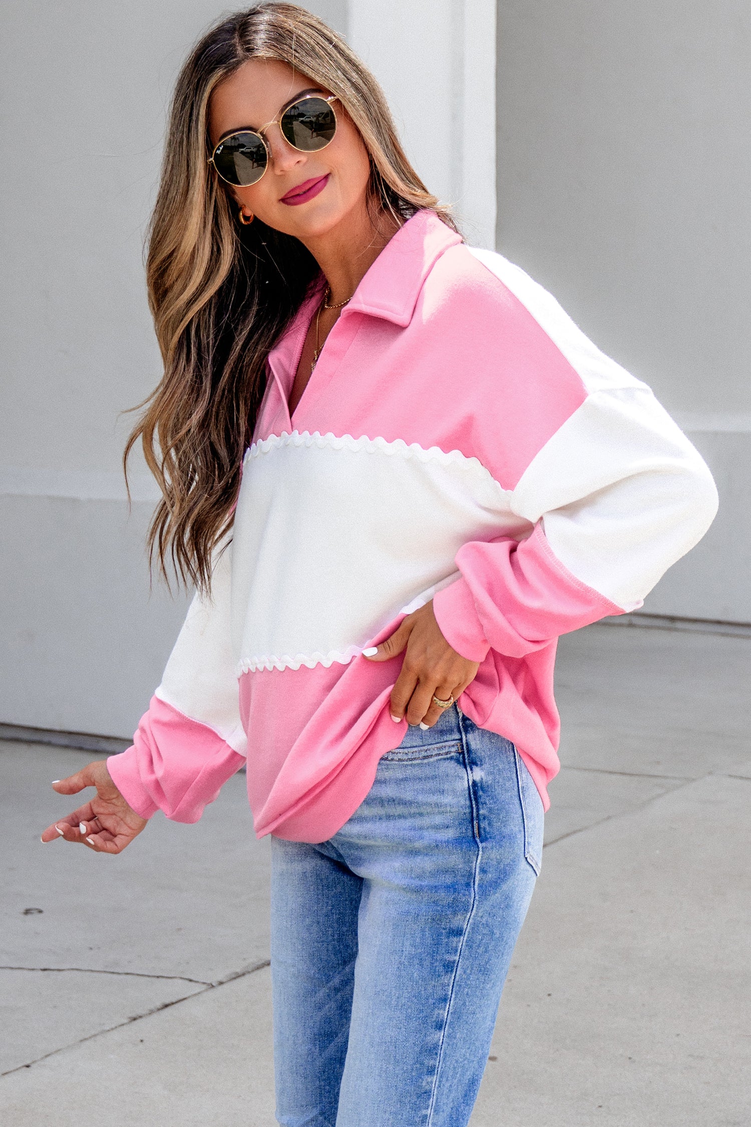 Color Block Ricrac Trim Patchwork Collar V Neck Long Sleeve Top – Rose Red