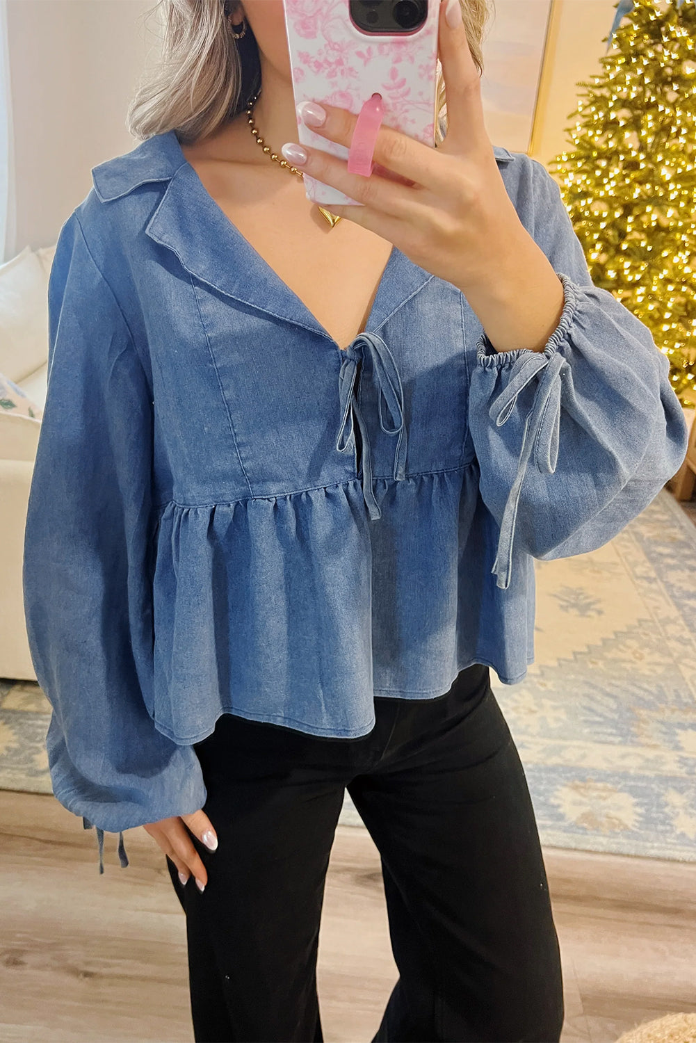 Dusk Blue Denim Lapel Neck Balloon Sleeve Tied Peplum Top Dear-Lover Dropshipping
