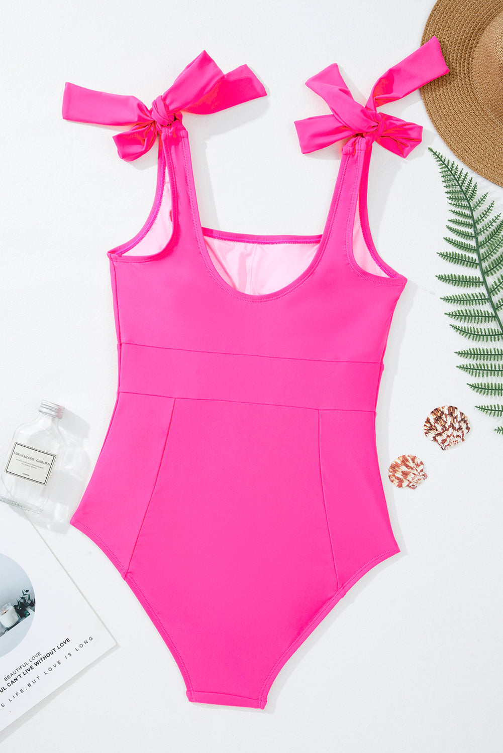 Rose Red Square Neck Knotted Shoulder Open Back One Piece Swimsuit eAura