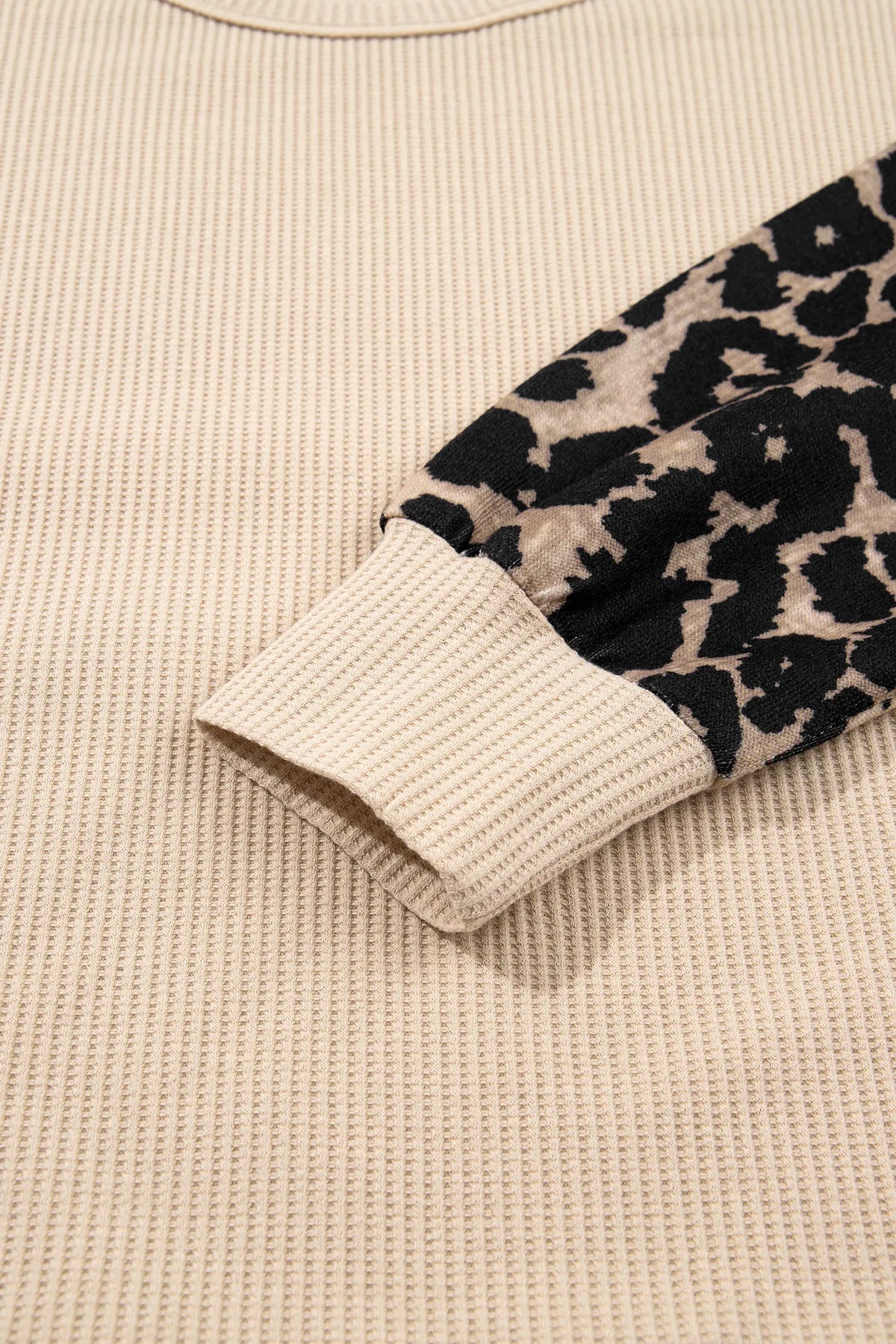 Leopard Sleeve Waffle Knit Split Hem Top – Grey Morn