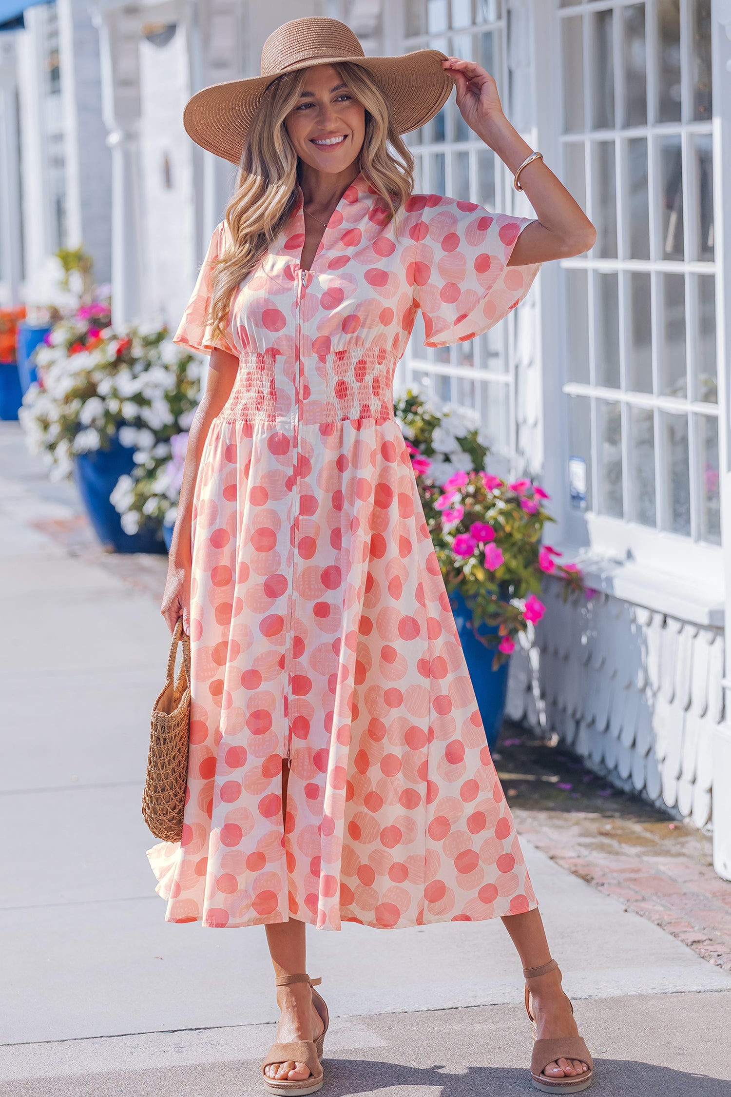 Polka Dot Ruffle Sleeve Zip-Up Maxi Dress