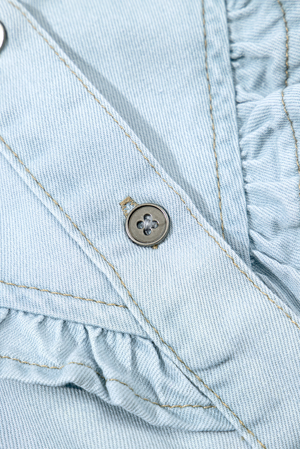 Beau Blue Mineral Wash Cap Sleeve Frilled Button Up Denim Shirt eAura