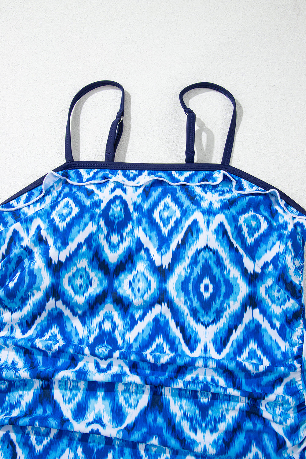 Navy Blue Abstract Print Frilled Trim Spaghetti Straps Tankini Set eAura