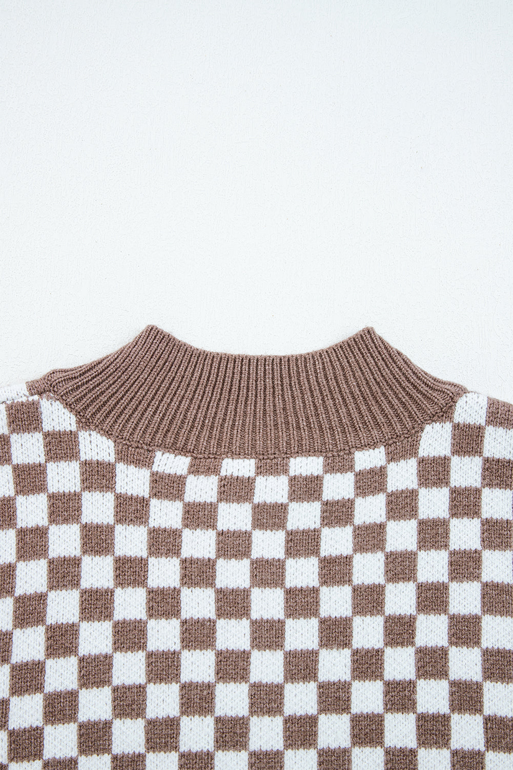 Dark Brown Half Button Ribbed Trim Checkerboard Knit Sweater eAura